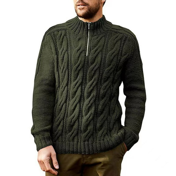 ZQUUVOU Men's Cable Knit Sweater Quarter Zipper Knitwear Mock Neck Knit Sweater Long Sleeve Casual Athletic Style Olive Green