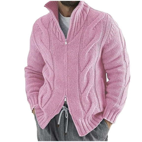 Rohuuque Men's Cardigan Sweaters Fall Winter Knitted Zip Up Cable Knit Sweater Solid Color Long Sleeved Turtle Neck Sweater Pink