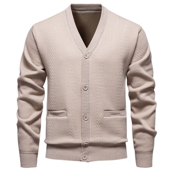 ZQUUVOU Men's Cardigan Sweaters Fleece Lined V-neck Pocket Button Cardigan Casual Fashion Base Layer Knit Sweater Beige