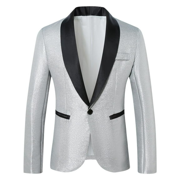 ZQUUVOU Men's Casual Suit Jacket Sequin Skinny Dress Blazer with Pocket One Button Shawl Collar Silm Coat for Wedding Guest Party Silver