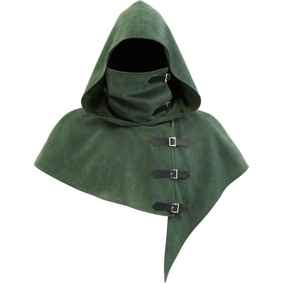 Rohuuque Men's Cloak with Hood Solid Color Medieval Style Hooded Cloak with Mask Gothic Cape Performance Renaissance Wear Green