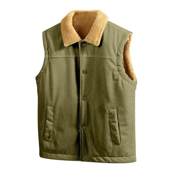 ZQUUVOU Men's Corduroy Fleece Lined Vest Casual Fashion Sleeveless Jacket Vintage Style Button Down Collar Jacket Outdoor Wear Olive Green B
