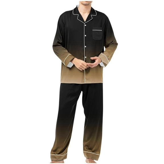 Rohuuque Men's Cotton Pajamas Set Gradient Button Down Collared Pajamas Shirts with Pocket Elastic Waisted Pants Sleepwear Khaki