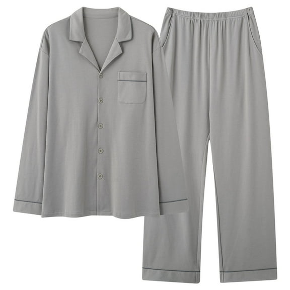 ZQUUVOU Men's Cotton Pajamas Set Plus Sized Unisex Solid Pajama Set Long Sleeve Button Down Top with Pocket Pants Sleepwear Gray