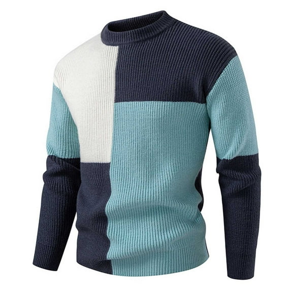 Rohuuque Men's Crewneck Pullover Sweater Color Blocked Casual Long Sleeve Knitewear Stretch Cozy Trendy Outfits Dark Blue