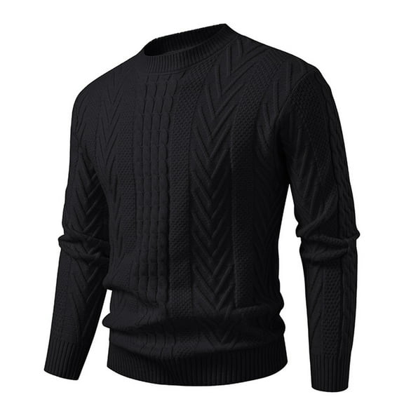 Rohuuque Men's Crewneck Pullover Sweater Fisherman Cable Knitted Sweater Solid Color Long Sleeve Blouse with Ribbing Edge Black