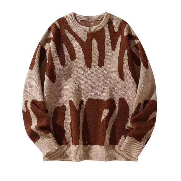 ZQUUVOU Men's Crewneck Pullover Sweater Jacquard Pattern Sweater Long Sleeve Textured Warm Thickened Cozy Winter Sweater Khaki