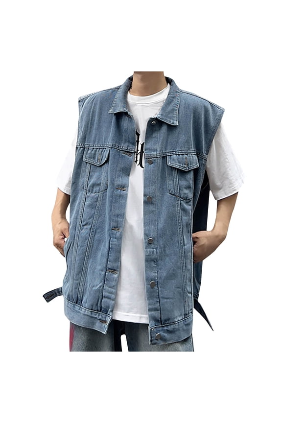 ZQUUVOU Men's Denim Vest Solid Motorcycle Collar Jean Vest Button Down Ripped Stretchy Distressed Battle Vest with Pocket Light Blue