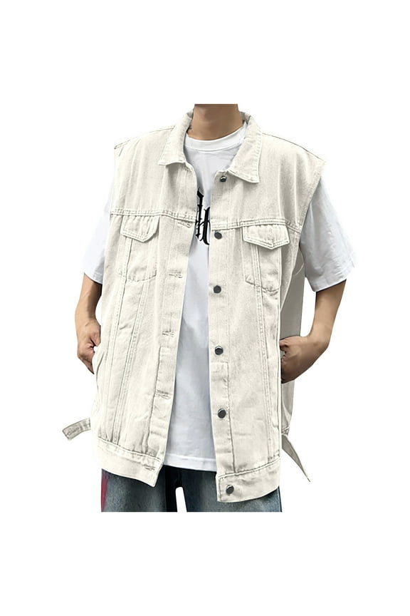 Rohuuque Men's Denim Vest Solid Motorcycle Collar Jean Vest Button Down Ripped Stretchy Distressed Battle Vest with Pocket White