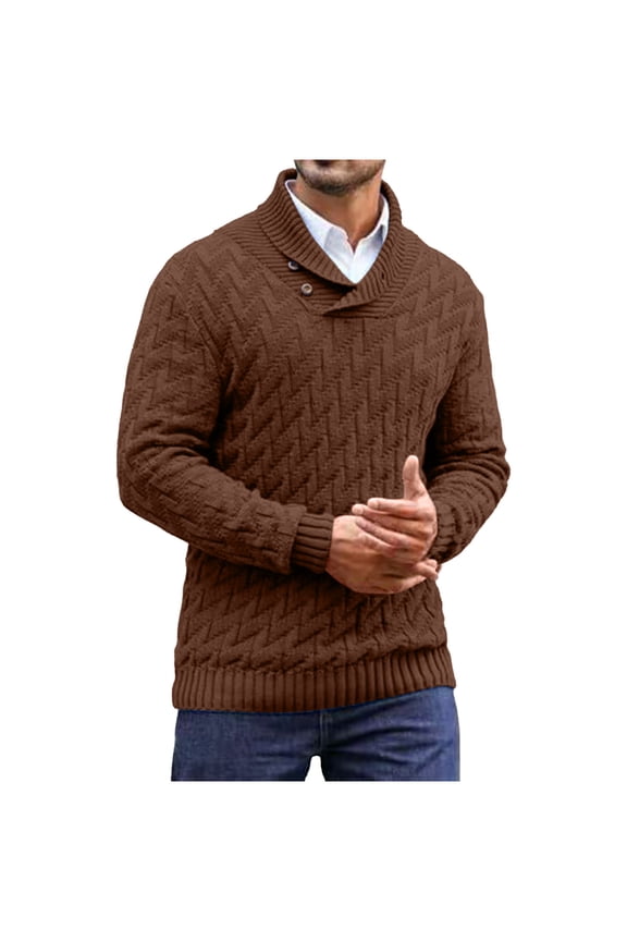 Men's Fall Sweater Solid Color Shawl Collar Herringbone Knit Sweater Button Long Sleeve Slim Fit Fall Trendy Clothes Brown
