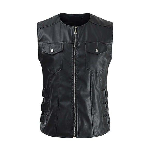 Rohuuque Men's Faux Leather Suit Vest Full Zipper Vintage Slim Fit Waistcoat Vest with Pockets Crewneck Motorcycle Vest Outfits Black