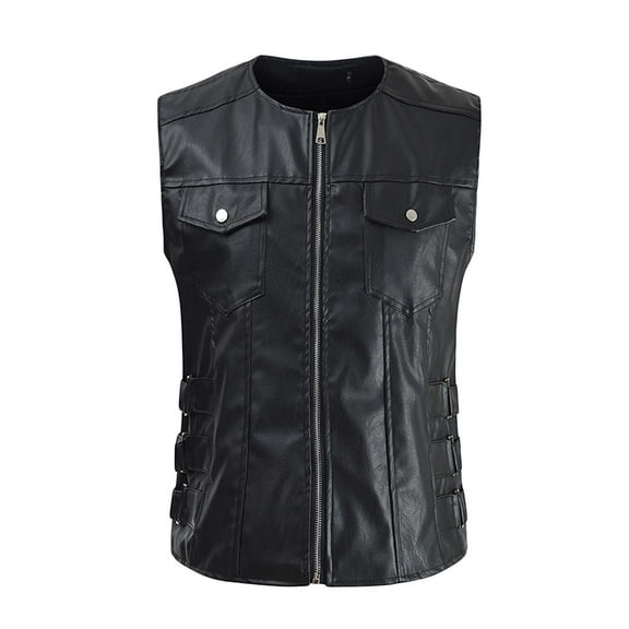 Rohuuque Men's Faux Leather Suit Vest Full Zipper Vintage Slim Fit Waistcoat Vest with Pockets Crewneck Motorcycle Vest Outfits Black