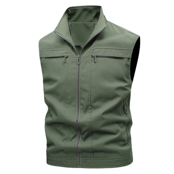 ZQUUVOU Men's Fishing Photography Vest Sleeveless Work Shirt Solid Color Zipper Outerwar Stand Collar Outdoor Activity Jacket Olive Green