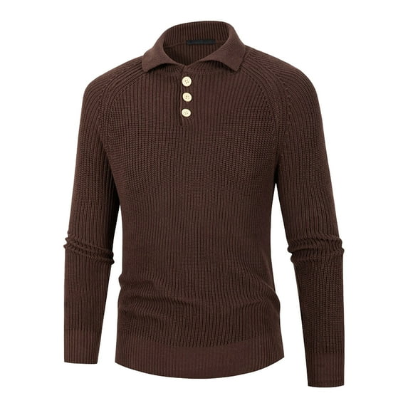 Rohuuque Men's Knit Collared Shirts Long Sleeve Solid Color Knitted Sweater Button Silm Basic Layer Pullover Sweater Coffee