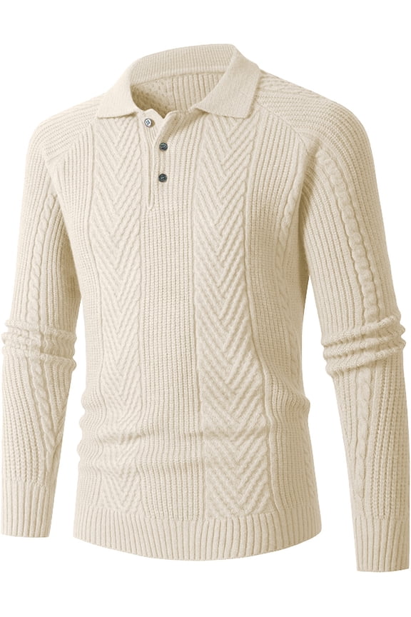 Men's Knit Collared Shirts Long Sleeve Solid Color Sweater Lightweight Fashion Casual Herringbone Knitted Sweater White