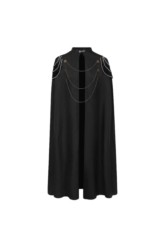 Men's Long Gothic Cape with Shoulder Pads Chain Bead Medieval Cloak for Theatre and Performance Party Dress Up Black