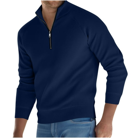 Rohuuque Men's Quarter Zip Up Sweaters Slim Lightweight Mock Neck Pullover Casual Fashion High Elasticity Sweater Navy