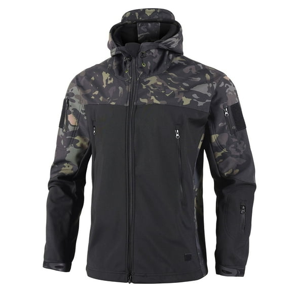 Rohuuque Men's Rain Jacket Fashion Casual Camouflage Printing Windbreaker Warm Jacket Long Sleeve Zip Up Hooded Jacket Raincoat Outwear Black