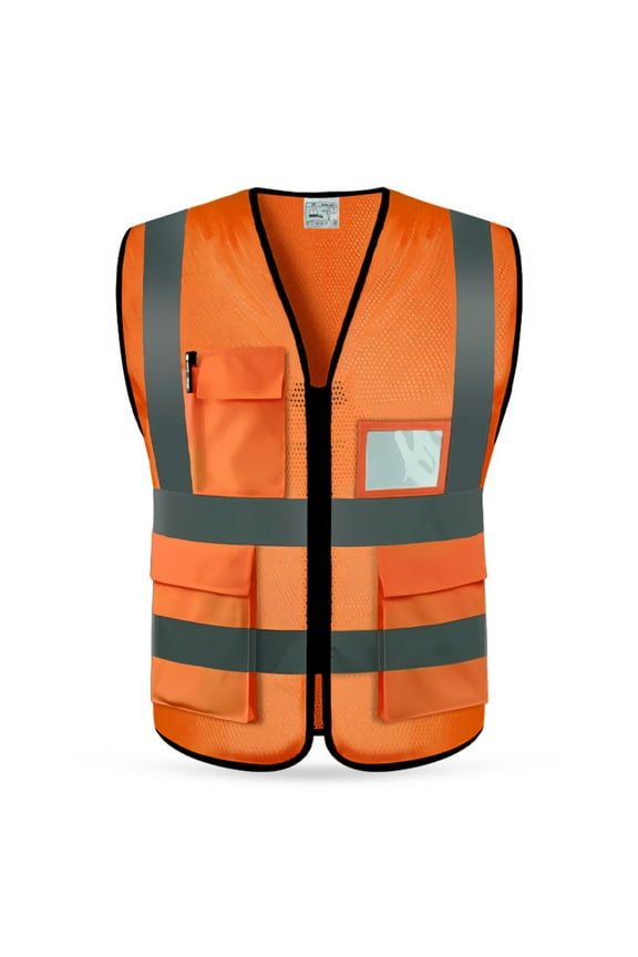 Men's Reflective Safety Vest Mesh Color Block Construction Site Multiple Pockets Protective Work Jacket Orange