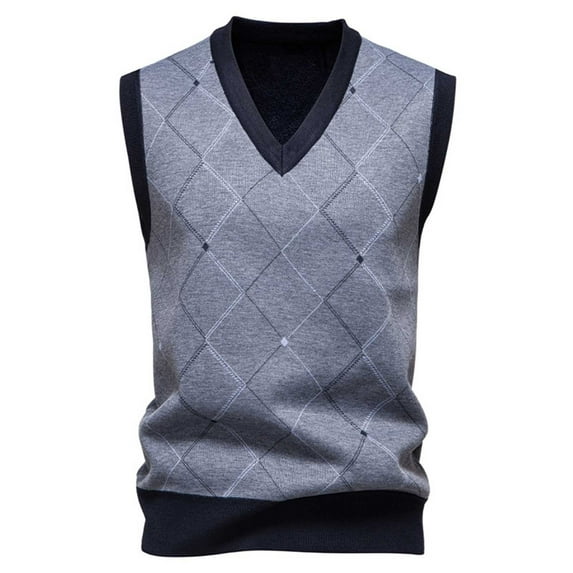 Rohuuque Men's Sleeveless Sweater Vest Elastic V-Neck Knit Argyle Sweater Sleeveless Fall Winter Vintage Tank Tops Base Layer Gray A