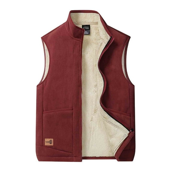 Rohuuque Men's Sleeveless Sweater Vest Plush Sherpa Fleece Lined Mock Neck Vest with Zipper Pockets Winter Warm Sleeveless Jacket Red
