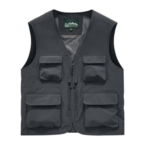 ZQUUVOU Men's Sports Utility Vest Solid Color V-neck Cargo Vest with Multi-Pocket Sleeveless Outdoor Jacket Lightweight Gray