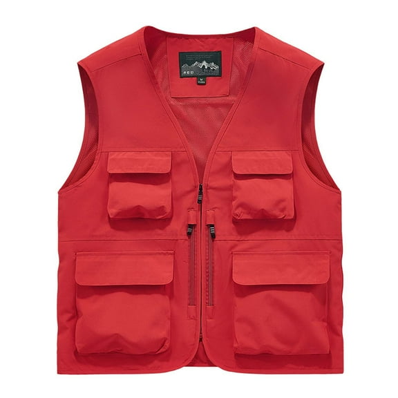 ZQUUVOU Men's Sports Utility Vest Solid Color V-neck Cargo Vest with Multi-Pocket Sleeveless Outdoor Jacket Lightweight Red