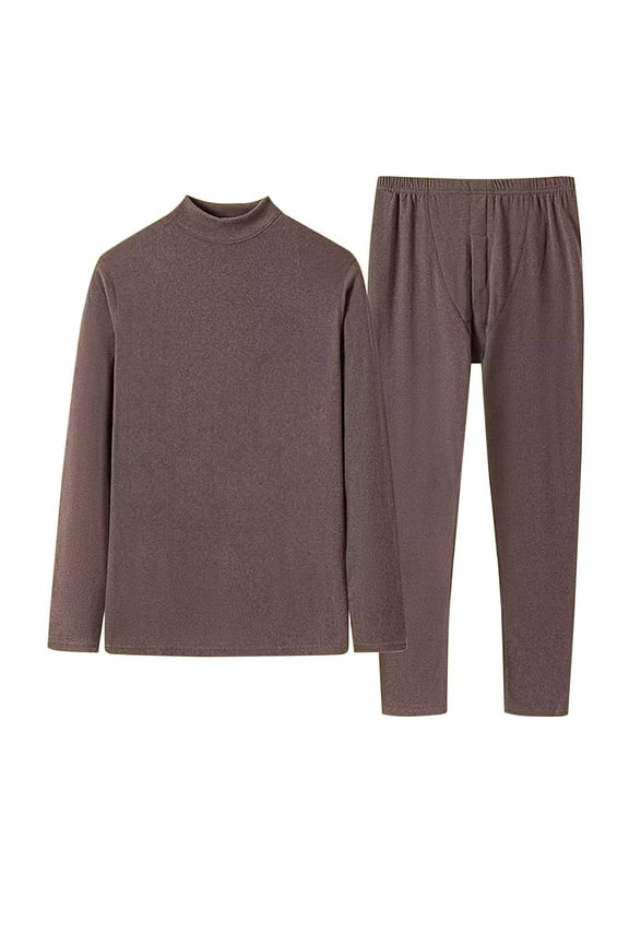 Men's Thermal Long Johns Set Casual Solid Color Long Sleeves High Elasticity Warm Underwear Pants Suits Winter Gift Set Brown