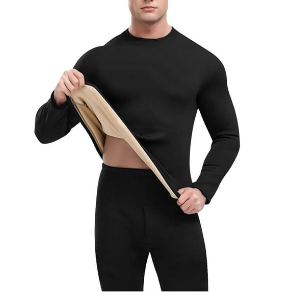 Rohuuque Men's Thermal Long Johns Set Solid Color Fleece Mock Neck Thermal Underwear Set with Long Sleeves Pants Set Black