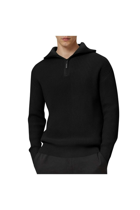 Rohuuque Men's Turtleneck Sweater Solid Color Quarter Zip Front Lapel Pullover Mock Neck Knit Sweater Stretch Basic Layer Black