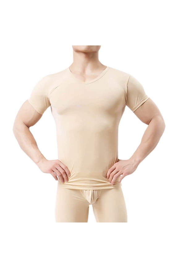 Men's Undershirts Quickly-Dry T-Shirt Stretch Moisture-Wicking Crew Neck Short Sleeve Sport Running Solid Basic Tee Beige