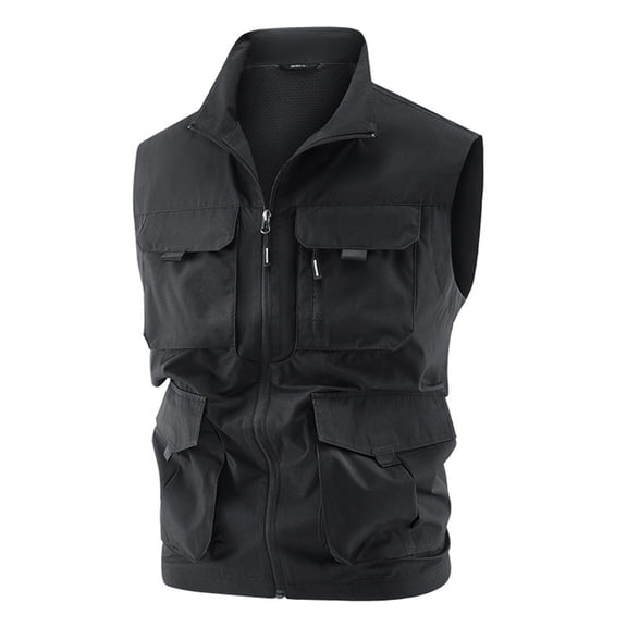 ZQUUVOU Men's Utility Fishing Vest Camera Gear Vest Stand Collar Multi-Pocket Sleeveless Outdoor Photography Activity Jacket Black