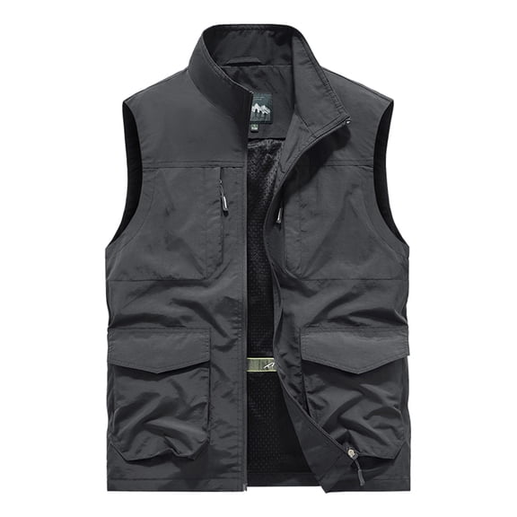 Rohuuque Men's Utility Fishing Vest Moisture Wicking Jacket Stand Collar Quick-Dry Sleeveless Outdoor Sports Jacket Dark Gray