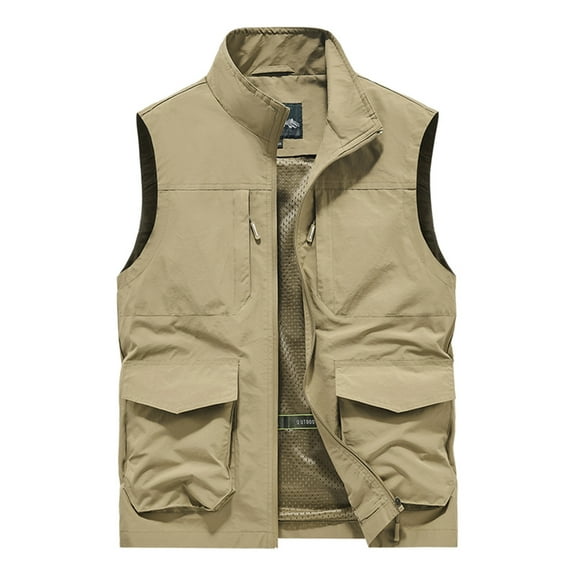 Rohuuque Men's Utility Fishing Vest Moisture Wicking Jacket Stand Collar Quick-Dry Sleeveless Outdoor Sports Jacket Khaki