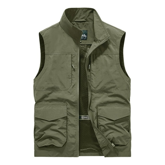 Rohuuque Men's Utility Fishing Vest Moisture Wicking Jacket Stand Collar Quick-Dry Sleeveless Outdoor Sports Jacket Olive Green