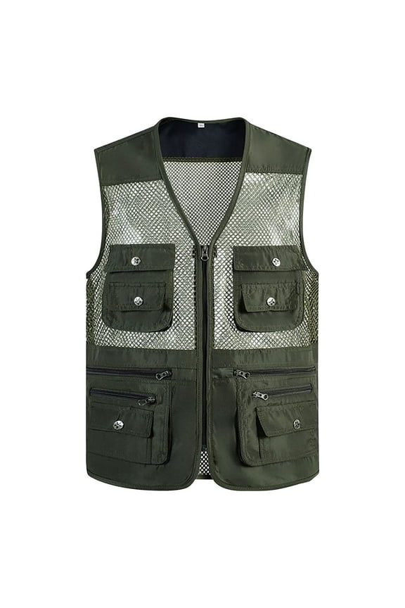 Men's Utility Fishing Vest Work Jacket V Neck Multiple Pockets Sleeveless Outdoor Photography Sports Jacket Coat Olive Green