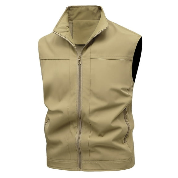 ZQUUVOU Men's Utility Fishing Vest Workwear Sleeveless Top Outdoor Photographer Solid Color Workwear Lapel Casual Jacket Khaki