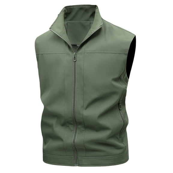 ZQUUVOU Men's Utility Fishing Vest Workwear Sleeveless Top Outdoor Photographer Solid Color Workwear Lapel Casual Jacket Olive Green