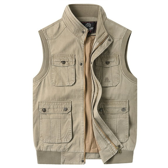 Rohuuque Men's Utility Outdoor Vest Vest Stand Collar Multi-Pocket Jacket for Outdoor Photography Sleeveless Jacket Khaki