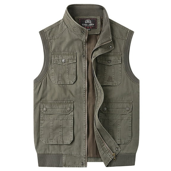 Rohuuque Men's Utility Outdoor Vest Vest Stand Collar Multi-Pocket Jacket for Outdoor Photography Sleeveless Jacket Olive Green
