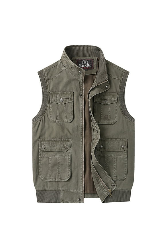 Rohuuque Men's Utility Outdoor Vest Vest Stand Collar Multi-Pocket Jacket for Outdoor Photography Sleeveless Jacket Olive Green