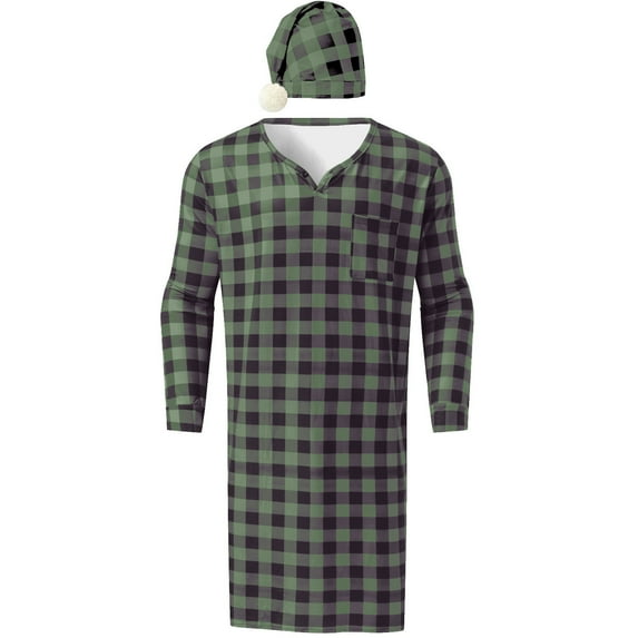 ZQUUVOU Men's V Neck Long Sleeve Nightgowns with Sleep Cap Vintage Plaid Print Soft Breathable Comfortable Lounge Set Green