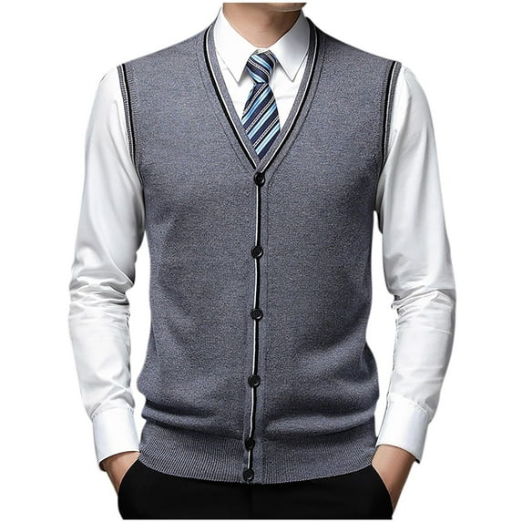 Rohuuque Men's V Neck Sweater Vest Sleeveless Cable Knitted Button Cardigan Vest Slim Fit Plain Color for Dad Husband Gray