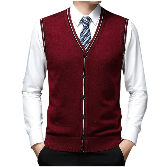 Rohuuque Men's V Neck Sweater Vest Sleeveless Cable Knitted Button Cardigan Vest Slim Fit Plain Color for Dad Husband Red