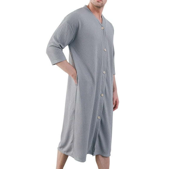 Rohuuque Men's Waffle Knit Robe Nightdress Button Down Long Sleeve Loungewear Casual Solid Color Sleepwear with Pocket Gray