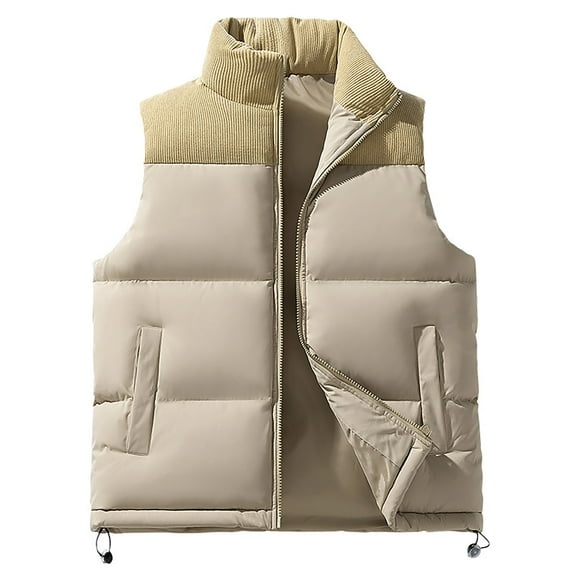 Rohuuque Men's Winter Puffer Vest Fashion Solid Color Stand Collar Outerwear Full Zip Warm Sleeveless Casual Jacket with Pocket Khaki