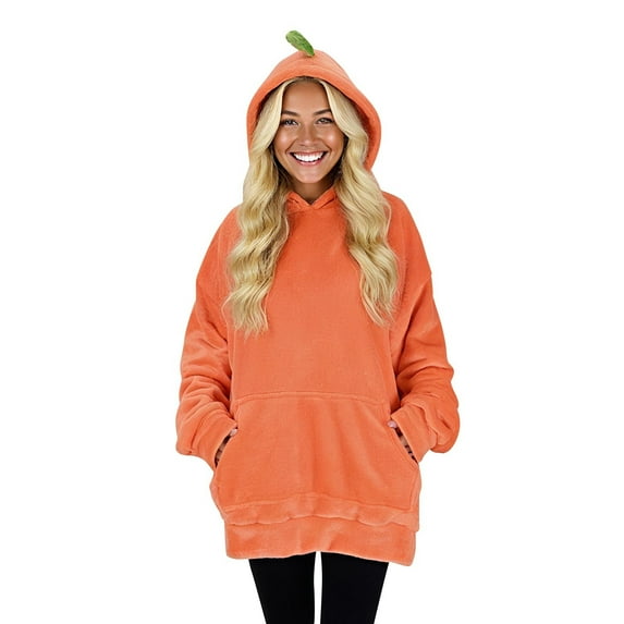 Rohuuque Men's Women's Pumpkin Hoodies Funny Skeleton Sweatshirt Solid Color Jacket with Integrated Pillow Pockets Cozy Loungewear Orange