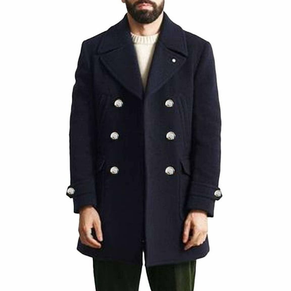 Rohuuque Men's Woolen Trench Coat Regular Double Breasted Windbreaker with Pockets Notched Lapel Outwear Winter Pea Coat Businesss Overcoat Navy