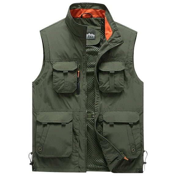Rohuuque Men's Workwear Vest Solid Stand Collar Cargo Vest with Multi-Pocket for Outdoor Activities Sleeveless Utility Jacket Olive Green