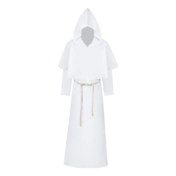 Rohuuque Men's and Women's Cloak with Hood Medieval Style Cape with Half Shoulder Cape Shawl Long Sleeve Belted Cloak White B